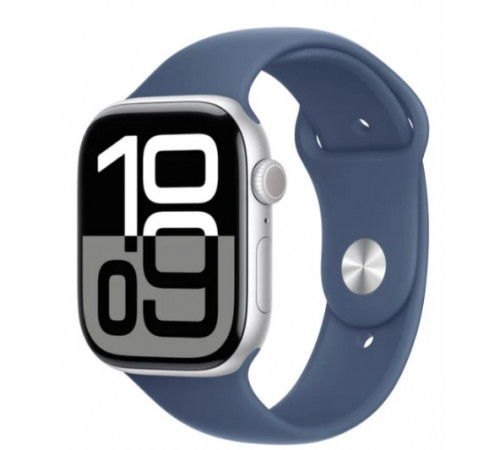 Умные часы Apple Watch Series 10 46 мм (алюминиевый корпус, серебристый/синий, спортивный силиконовый ремешок M/L)