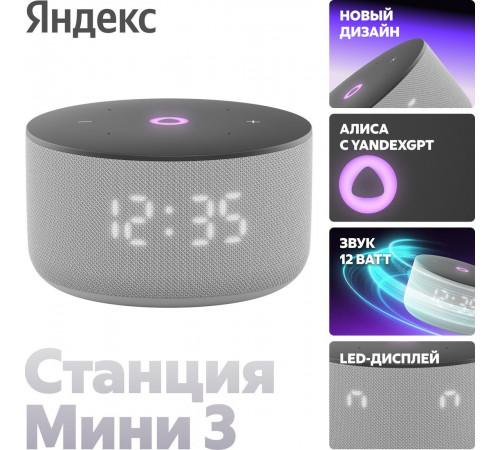Умная колонка Яндекс Станция Мини 3 с часами (серый)