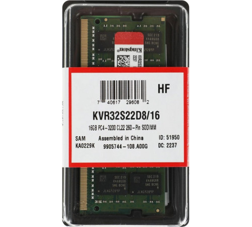 Модуль памяти Kingston 16GB DDR4 SODIMM PC4-25600 KVR32S22D8/16