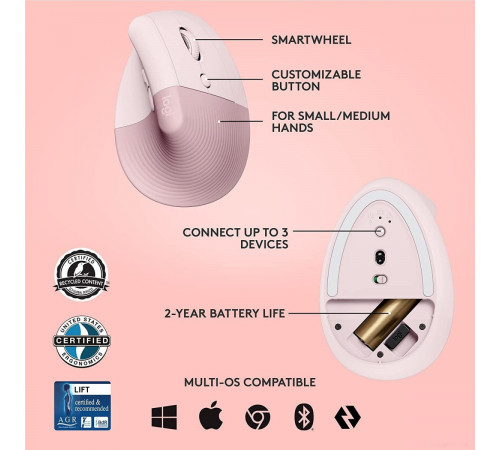 Вертикальная мышь Logitech Lift (розовый)