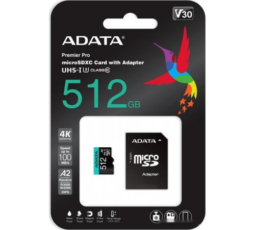 Карта памяти A-Data Premier Pro AUSDX512GUI3V30SA2-RA1 microSDXC 512GB (с адаптером)