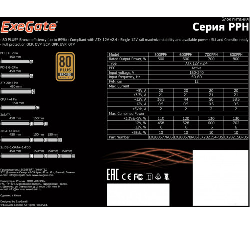 Блок питания Exegate 800PPH 80 Plus Bronze EX282156RUS