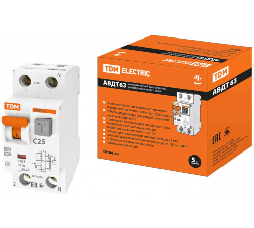 Выключатель автоматический TDM Electric 63 2Р(1Р+N) C25 30мА 6кА тип А